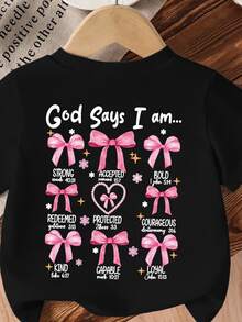 SHEIN 女嬰「God Says I Am Strong」蝴蝶結珍珠愛心印花圓領短袖可愛 Y2K 休閒黑色圖案 T 恤，適合學校、假期、夏季度假 - 黑色 - 查看 5