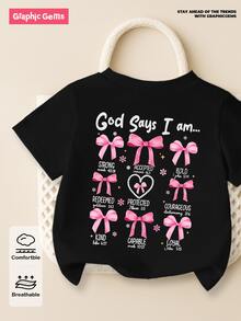 SHEIN 女嬰「God Says I Am Strong」蝴蝶結珍珠愛心印花圓領短袖可愛 Y2K 休閒黑色圖案 T 恤，適合學校、假期、夏季度假 - 黑色 - 查看 8