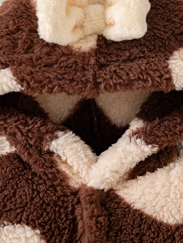 SHEIN 1pc Newborn Baby Girls Romper Jumpsuit Sweet Brown Cream Heart Print Bow Long Sleeve Hooded Thick Holiday Winter Fall Christmas Sweaters Bear Ears - Brown - View 8