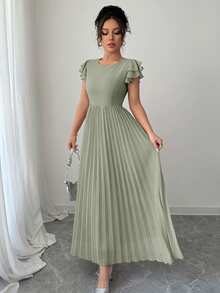 Modelyn Women Plus Size Ruffle Sleeve Pleated Dress - Green - View 5