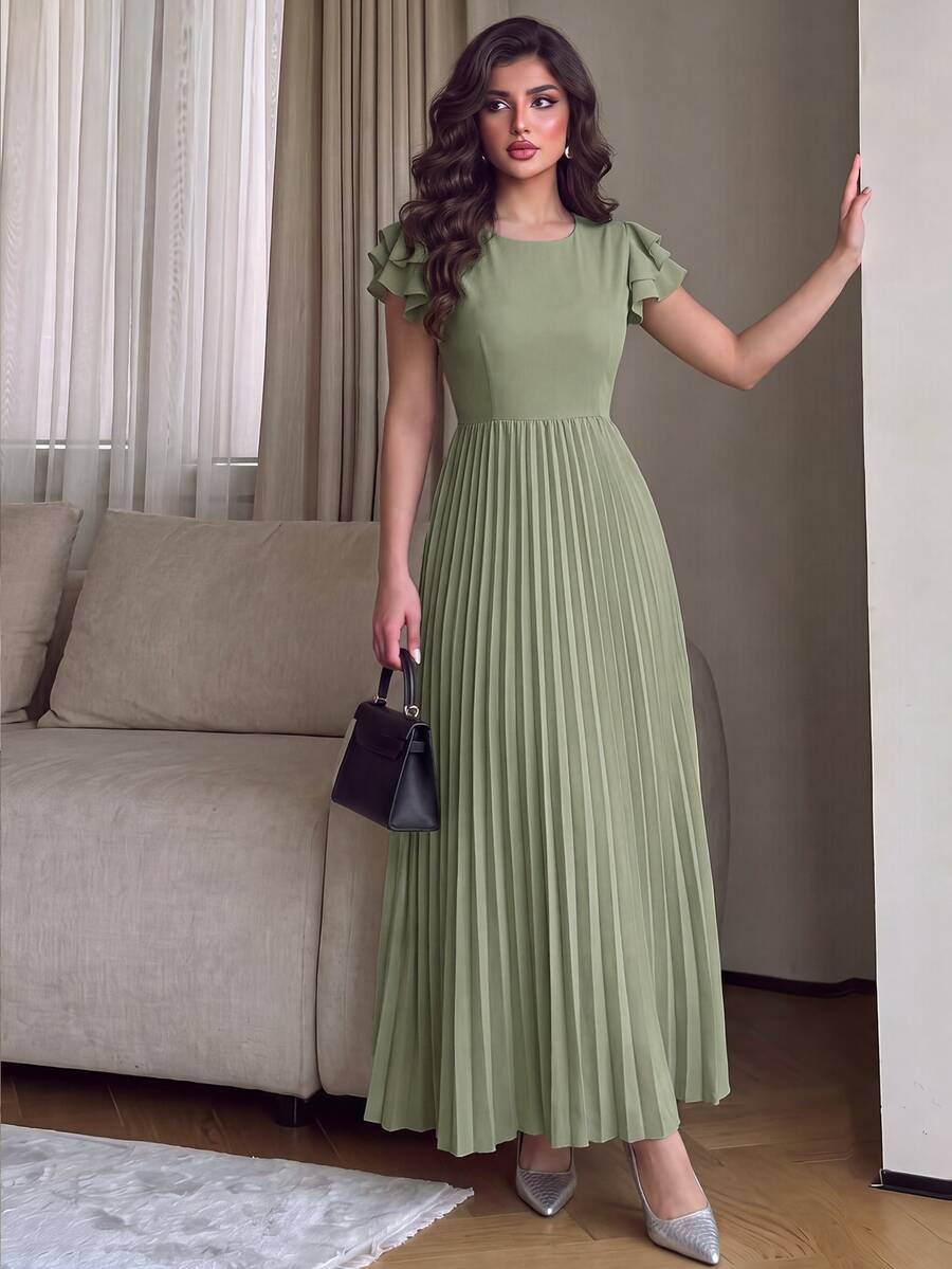 Modelyn Women Plus Size Ruffle Sleeve Pleated Dress - Green - View 1