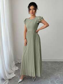 Modelyn Women Plus Size Ruffle Sleeve Pleated Dress - Green - View 7