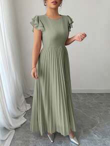 Modelyn Women Plus Size Ruffle Sleeve Pleated Dress - Green - View 4