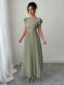 Modelyn Women Plus Size Ruffle Sleeve Pleated Dress - Green - View 3