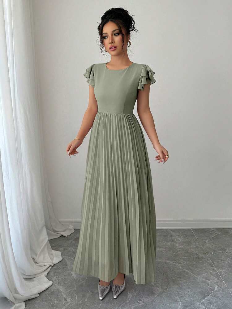 Modelyn 女式大码荷叶边袖褶皱连衣裙 - 綠色 - 查看 3