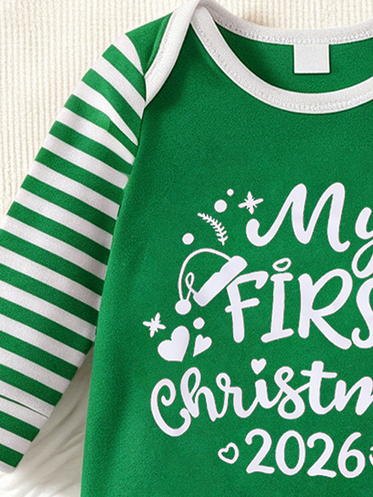 SHEIN 2pcs Newborn Baby Boy Romper Jumpsuit Cute Sweet Green White Striped Sleeve Print Long Sleeve Round Neck Regular Holiday Party Winter Fall Holiday Hat - Green - View 3