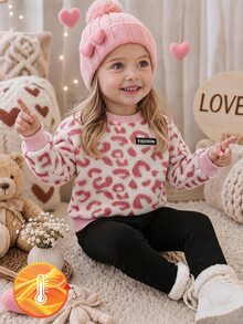 SHEIN 2件組幼童女童衛衣長褲套裝，可愛甜美粉色白色豹紋毛絨長袖，生日派對秋冬假期裝飾款 - 粉色 - 查看 5