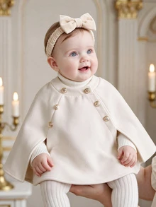 SHEIN Baby Girls Cute And Elegant Hooded Cloak Jacket, Autumn/Winter Wedding Wedding Guest Guest Beige - Apricot - View 3