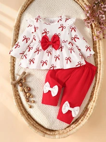 SHEIN 2pcs Baby Girls Peplum Top Pants Sweet Red White Bowknot 3D Bow Ruffle Flutter Long Sleeve Round Neck Regular Birthday Party Fall Holiday Christmas - Red - View 4