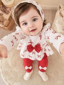 SHEIN 2pcs Baby Girls Peplum Top Pants Sweet Red White Bowknot 3D Bow Ruffle Flutter Long Sleeve Round Neck Regular Birthday Party Fall Holiday Christmas - Red - View 2