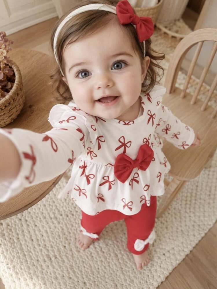SHEIN 2pcs Baby Girls Peplum Top Pants Sweet Red White Bowknot 3D Bow Ruffle Flutter Long Sleeve Round Neck Regular Birthday Party Fall Holiday Christmas - Red - View 3