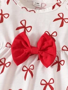 SHEIN 2pcs Baby Girls Peplum Top Pants Sweet Red White Bowknot 3D Bow Ruffle Flutter Long Sleeve Round Neck Regular Birthday Party Fall Holiday Christmas - Red - View 6