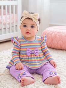 SHEIN 2pcs Baby Girls Top Pants Set Cute Sweet Purple Rainbow Bow Ruffle Striped Flutter Long Sleeve Round Neck Regular Holiday Fall Unicorn Ballet Elastic - Purple - View 6