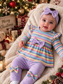 SHEIN 2pcs Baby Girls Top Pants Set Cute Sweet Purple Rainbow Bow Ruffle Striped Flutter Long Sleeve Round Neck Regular Holiday Fall Unicorn Ballet Elastic - Purple - View 2