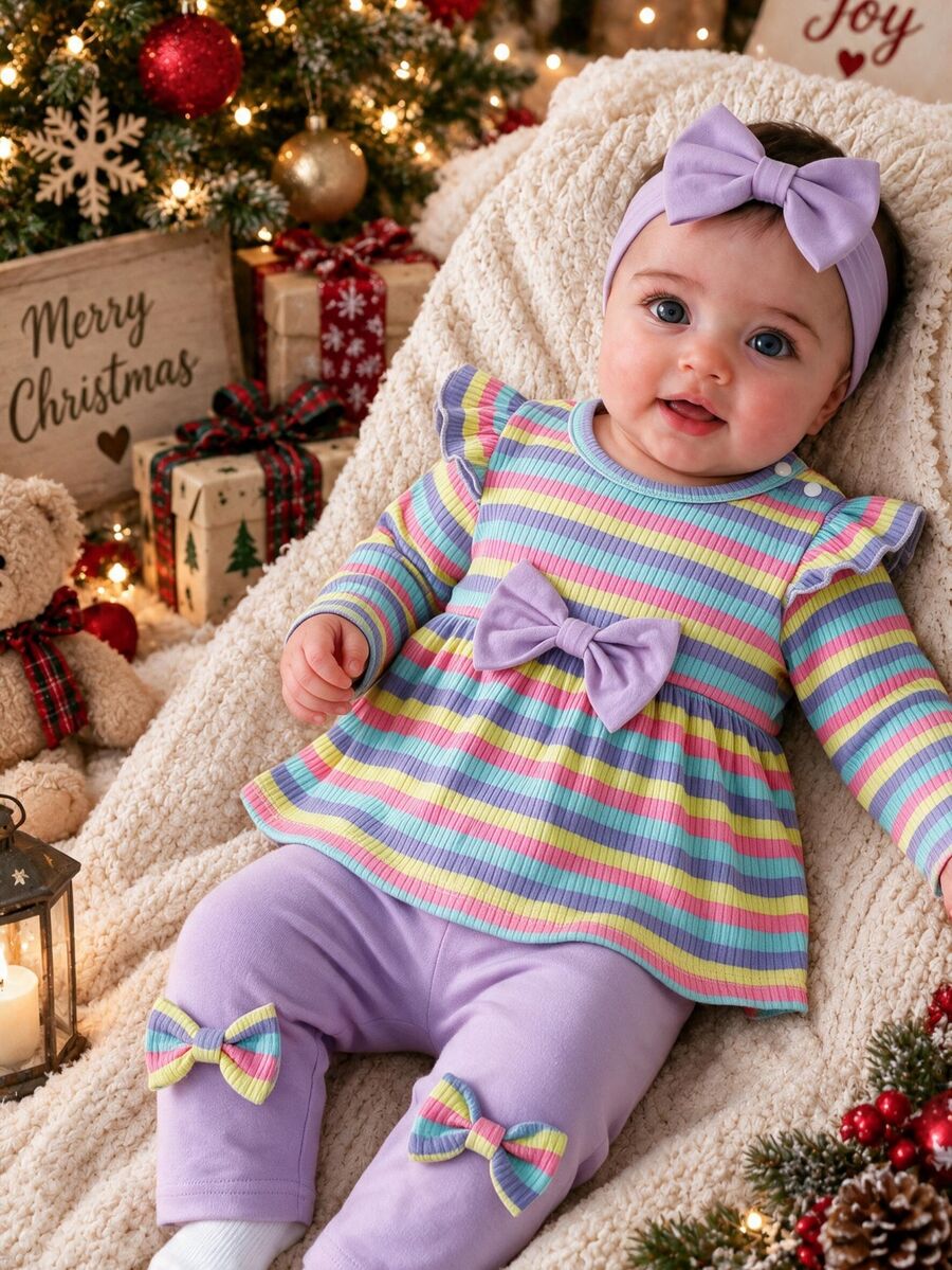 SHEIN 2pcs Baby Girls Top Pants Set Cute Sweet Purple Rainbow Bow Ruffle Striped Flutter Long Sleeve Round Neck Regular Holiday Fall Unicorn Ballet Elastic