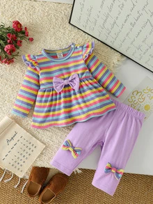 SHEIN 2pcs Baby Girls Top Pants Set Cute Sweet Purple Rainbow Bow Ruffle Striped Flutter Long Sleeve Round Neck Regular Holiday Fall Unicorn Ballet Elastic - Purple - View 4