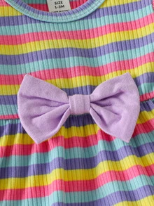 SHEIN 2pcs Baby Girls Top Pants Set Cute Sweet Purple Rainbow Bow Ruffle Striped Flutter Long Sleeve Round Neck Regular Holiday Fall Unicorn Ballet Elastic - Purple - View 7