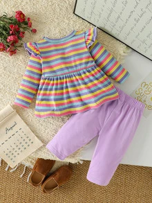 SHEIN 2pcs Baby Girls Top Pants Set Cute Sweet Purple Rainbow Bow Ruffle Striped Flutter Long Sleeve Round Neck Regular Holiday Fall Unicorn Ballet Elastic - Purple - View 5