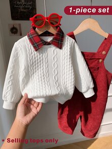 Souflis Souflis 幼童男孩衛衣套頭衫 英倫風 白色紅色 粗繩編織 格紋領 長袖 有領 常規版型 聖誕派對 秋冬節日酒紅色 柔軟 - 灰色 - 查看 3