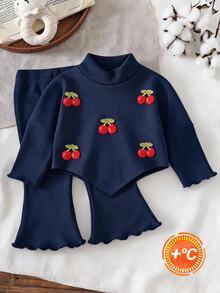 SHEIN Playful Pals 2件組幼女上衣與喇叭褲套裝，可愛海軍藍櫻桃貼布，羅紋針織長袖小立領，生日派對家庭里程碑冬季假期穿搭 - 藏蓝色 - 查看 7