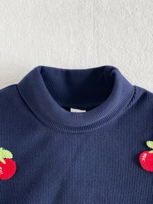 SHEIN Playful Pals 2件組幼女上衣與喇叭褲套裝，可愛海軍藍櫻桃貼布，羅紋針織長袖小立領，生日派對家庭里程碑冬季假期穿搭 - 藏蓝色 - 查看 12