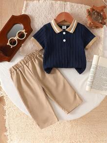SHEIN Playful Pals 2pcs/Set Baby Boy Textured Fabric Short Sleeve Polo Shirt And Khaki Long Pants Outfit, Baby Boy Clothing - Royal Blue - View 5