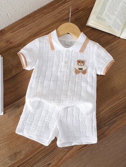 Souflis Souflis Conjunto de Camisa Polo de Manga Curta e Shorts Casual de Verão Branco com Jacquard para Bebê Menino, Estilo Universitário Fofo