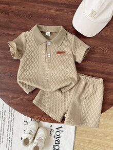 SHEIN Vintaside Kids 2pcs Baby Boys Summer Casual Outfits Button Ribbed Polo Shirt With Elastic Waist Shorts Set - Khaki - View 2