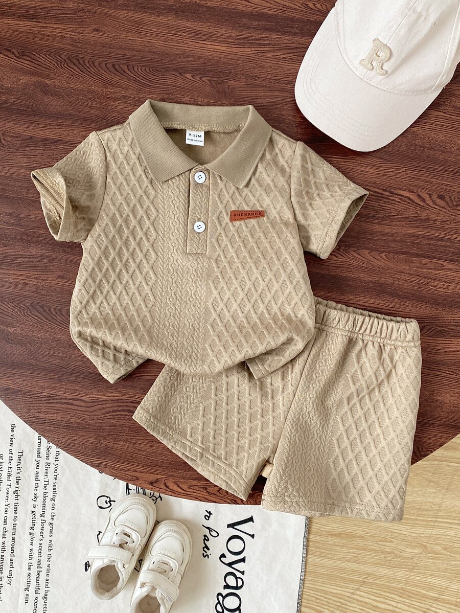 SHEIN Vintaside Kids 2pcs Baby Boys Summer Casual Outfits Button Ribbed Polo Shirt With Elastic Waist Shorts Set