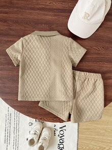 SHEIN Vintaside Kids 2pcs Baby Boys Summer Casual Outfits Button Ribbed Polo Shirt With Elastic Waist Shorts Set - Khaki - View 3