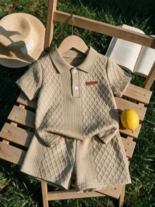 SHEIN Vintaside Kids 2pcs Baby Boys Summer Casual Outfits Button Ribbed Polo Shirt With Elastic Waist Shorts Set - Khaki - View 4
