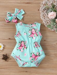 SHEIN Baby Girl Floral Print Bodysuit With Headband - Mint Blue - View 1