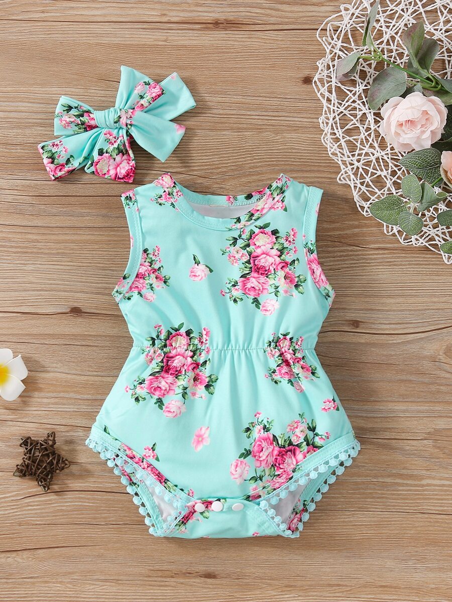 SHEIN Baby Girl Floral Print Bodysuit With Headband - Mint Blue - View 1