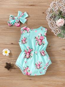 SHEIN Baby Girl Floral Print Bodysuit With Headband - Mint Blue - View 2