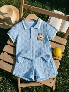 SHEIN Baby Boys Summer Casual Matching Two Pieces Set Bear Embroidery Polo Short Sleeve Shirt Top And Short - Blue - View 3