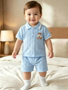 SHEIN Baby Boys Summer Casual Matching Two Pieces Set Bear Embroidery Polo Short Sleeve Shirt Top And Short - Blue - View 4