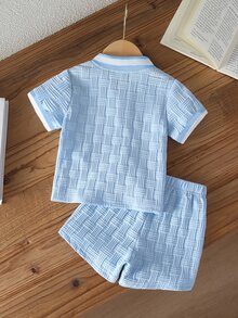 SHEIN Baby Boys Summer Casual Matching Two Pieces Set Bear Embroidery Polo Short Sleeve Shirt Top And Short - Blue - View 2