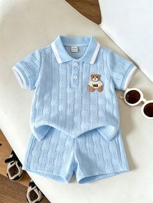 SHEIN Baby Boys Summer Casual Matching Two Pieces Set Bear Embroidery Polo Short Sleeve Shirt Top And Short - Blue - View 7