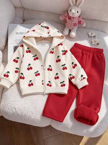 SHEIN 2pcs Baby Girls Zip Hoodie + Pants Cute Cream Red Cherry Print Fleece Long Sleeve Hooded Thick Holiday Fall Winter Ribbed Cuffs - Red and White - View 3