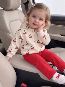 SHEIN 2pcs Baby Girls Zip Hoodie + Pants Cute Cream Red Cherry Print Fleece Long Sleeve Hooded Thick Holiday Fall Winter Ribbed Cuffs - Red and White - View 7