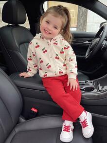 SHEIN 2pcs Baby Girls Zip Hoodie + Pants Cute Cream Red Cherry Print Fleece Long Sleeve Hooded Thick Holiday Fall Winter Ribbed Cuffs - Red and White - View 8