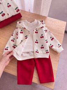 SHEIN 2pcs Baby Girls Zip Hoodie + Pants Cute Cream Red Cherry Print Fleece Long Sleeve Hooded Thick Holiday Fall Winter Ribbed Cuffs - Red and White - View 4