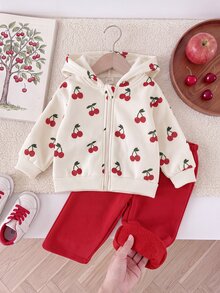 SHEIN 2pcs Baby Girls Zip Hoodie + Pants Cute Cream Red Cherry Print Fleece Long Sleeve Hooded Thick Holiday Fall Winter Ribbed Cuffs - Red and White - View 5