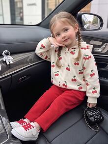 SHEIN 2pcs Baby Girls Zip Hoodie + Pants Cute Cream Red Cherry Print Fleece Long Sleeve Hooded Thick Holiday Fall Winter Ribbed Cuffs - Red and White - View 6