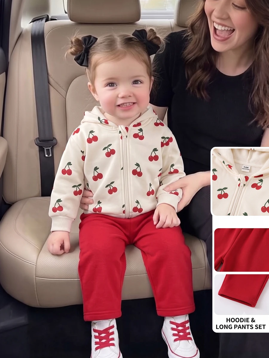 SHEIN 2pcs Baby Girls Zip Hoodie + Pants Cute Cream Red Cherry Print Fleece Long Sleeve Hooded Thick Holiday Fall Winter Ribbed Cuffs - Red and White - View 1