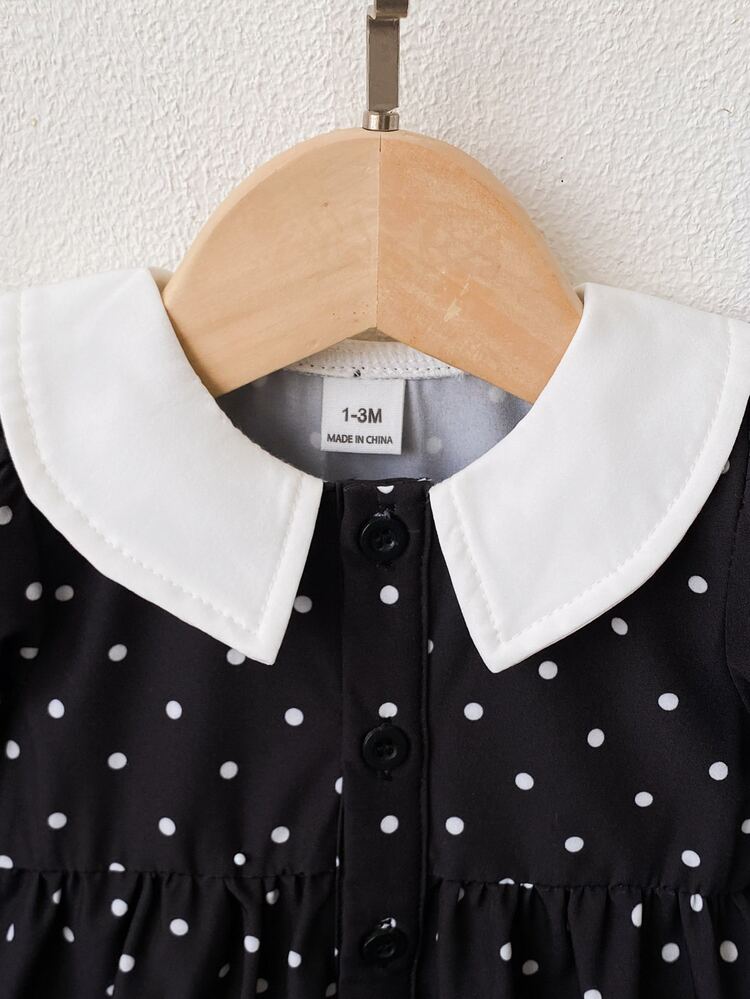 SHEIN 1pc Baby Girls Dress Elegant Sweet Black White Polka Dot Contrast Peter Pan Collar Long Sleeve Trim Regular Halloween Party Fall Christmas Holiday New - Black - View 6