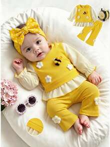 SHEIN 2pcs Baby Girls Top Flare Pants Cute Sweet Bright Yellow Floral Bee Ruffle Flutter Sleeve Round Neck Birthday Fall Long Sleeve Top Holiday Ribbed Knit - Yellow - View 9