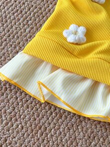 SHEIN 2pcs Baby Girls Top Flare Pants Cute Sweet Bright Yellow Floral Bee Ruffle Flutter Sleeve Round Neck Birthday Fall Long Sleeve Top Holiday Ribbed Knit - Yellow - View 5