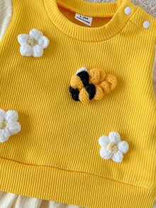 SHEIN 2pcs Baby Girls Top Flare Pants Cute Sweet Bright Yellow Floral Bee Ruffle Flutter Sleeve Round Neck Birthday Fall Long Sleeve Top Holiday Ribbed Knit - Yellow - View 4