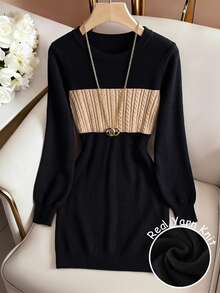 GlowEve CURVE Plus Size Autumn Winter Slim Casual Textured 3D Twist Rope Color Block Long Sleeve Knit Sweater Dress Elegant Black Midi Women Office Formal Party - Multicolor - View 2